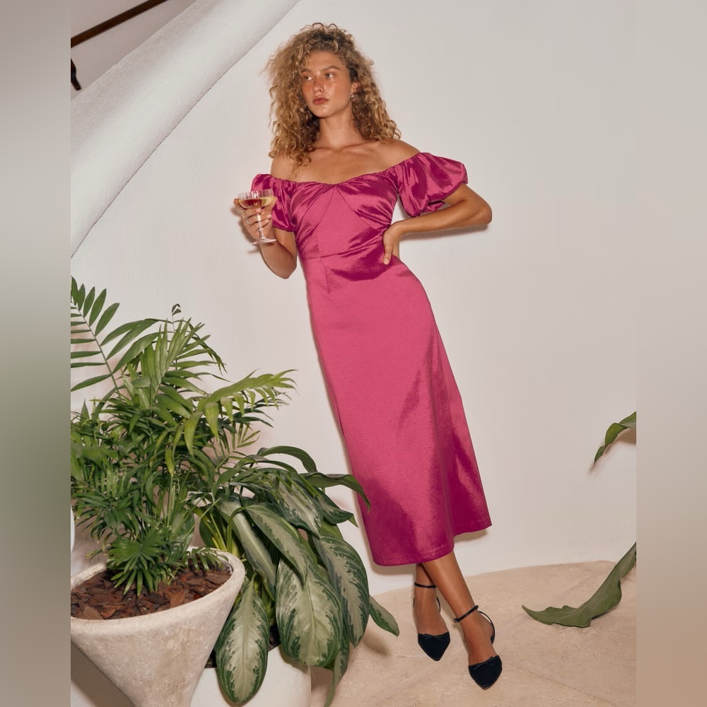 Abercrombie & Fitch Taffeta Off-The-Shoulder Midi Dress Fuchsia Pink XS NWT - Picture 3 of 14